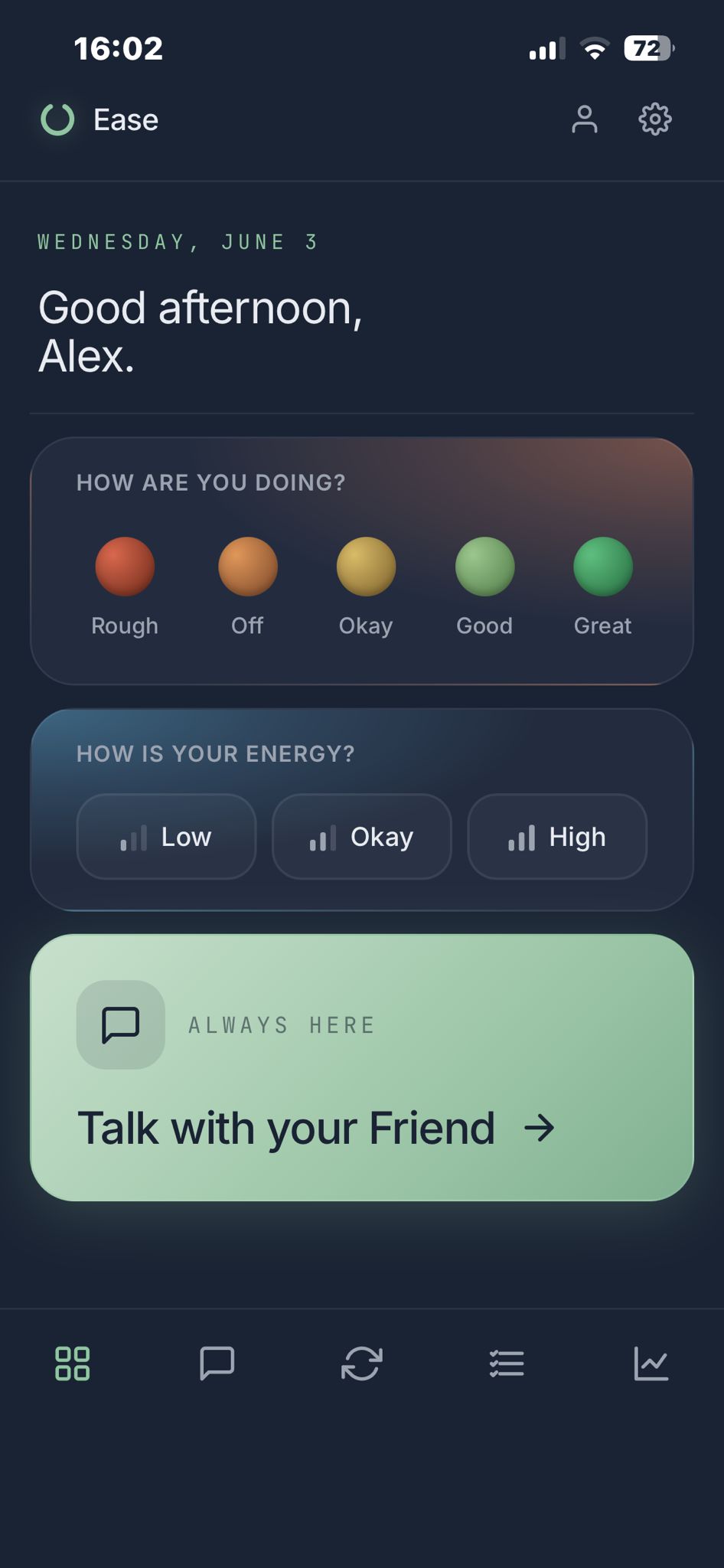 Ease app dashboard with mood check-in and a quick tile to chat with Friend